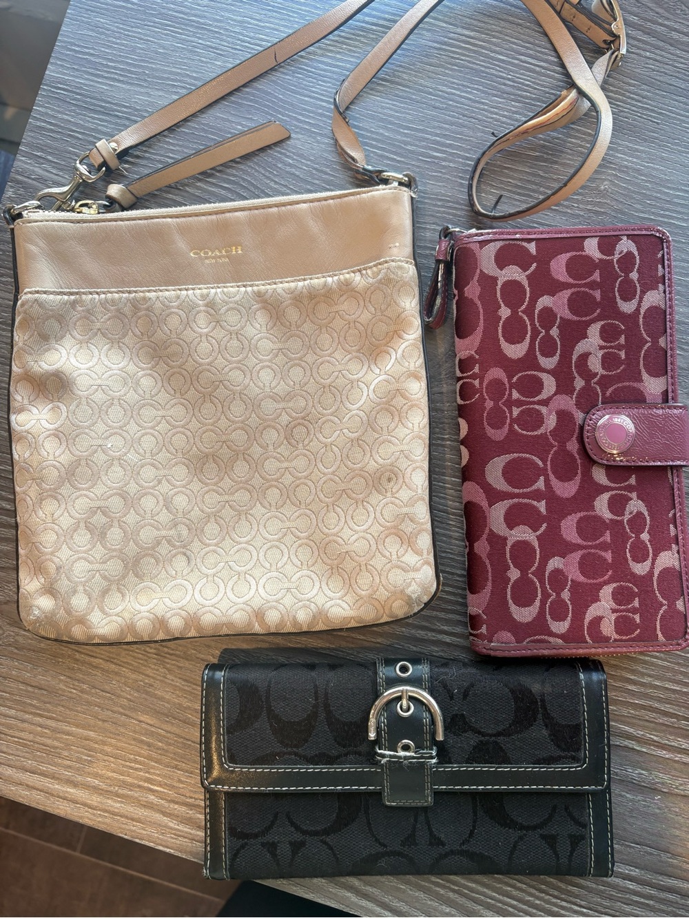 Coach Bundle Beige  Signature Crossbody Bag Black Wallet and Purple Wallet READ